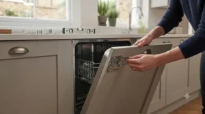 A space-saving slimline integrated dishwasher installed in a small modern British flat kitchen.