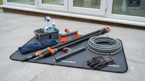 A full conservatory cleaning kit including an extendable pole, squeegee, and microfibre cloth.