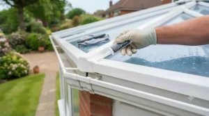 A comparison image showing a dirty conservatory roof next to one treated by a conservatory roof cleaner.