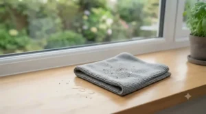 A slightly damp grey lint-free cloth, ready to be used with a cleaning spray to wash window glass before polishing.