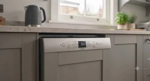 Detailed view of a digital control panel on an integrated dishwasher showing eco-wash and quick-wash settings.