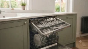 Interior view of a top-rack cutlery tray in a high-quality dishwasher.