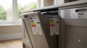 Energy efficiency labels affixed to modern kitchen appliances, showcasing low water and electricity consumption for UK households.
