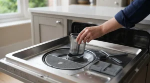 Close-up of removing and cleaning the fine mesh filter at the bottom of a dishwasher tub for routine maintenance.