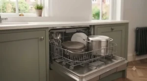 Illustration of adjustable fold-down prongs in a dishwasher rack for large pots.