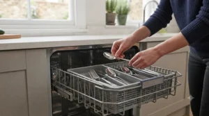 A person neatly loading cutlery into the adjustable third basket of an energy-efficient integrated dishwasher.