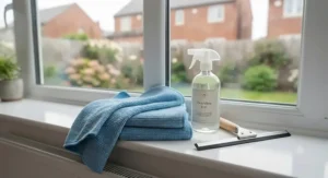 A selection of eco-friendly microfibre cloths for windows, promoting chemical-free glass cleaning.