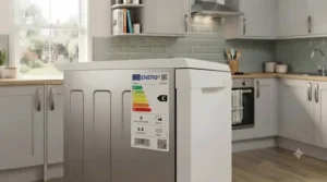 Energy rating label on a cost-effective freestanding dishwasher highlighting low electricity and water usage