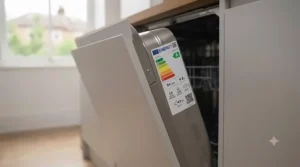 Close-up of an A-rated energy efficiency label on a kitchen appliance.