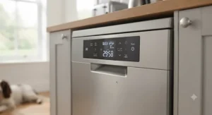Digital control panel showing a 30-minute quick wash cycle on a freestanding dishwasher.