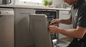 Close-up of a kitchen fitter attaching a matching furniture plinth and cabinet door panel to a built-in dishwasher.