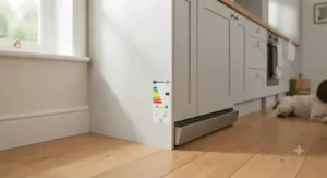 Close-up of a high-efficiency energy rating label on a freestanding dishwasher unit.