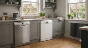 White freestanding dishwasher positioned neatly alongside standard base units in a contemporary family kitchen.