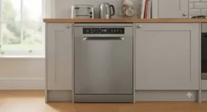 A front-facing view of a standard 60cm freestanding dishwasher fitted in a kitchen.