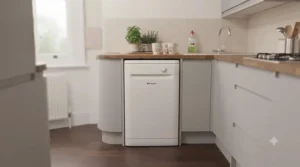 White freestanding slimline dishwasher positioned efficiently in a narrow galley-style kitchen.