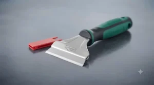 Heavy-duty glass scraper for removing stubborn debris and paint from windows.