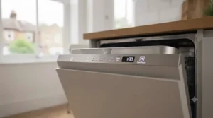 Close-up of integrated dishwasher controls located on the top edge of the door.