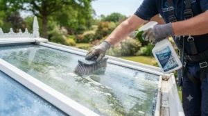 A homeowner using a conservatory roof cleaner with a non-abrasive solution to remove dirt.