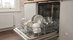 Cutlery basket and plate racks fully loaded inside a 45cm slimline dishwasher during daily use.