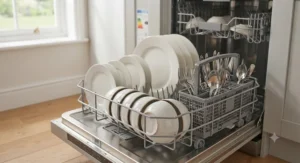 Demonstrating the optimal loading layout for plates and cutlery in a freestanding dishwasher.