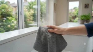 A grey lint-free microfibre cloth being hand-washed in warm water to maintain its cleaning performance and extend its lifespan.