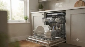 Interior view of a clean integrated dishwasher showing dry dishes after a high-performance cycle.
