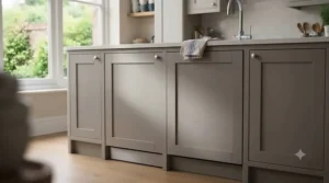 A fully integrated dishwasher neatly fitted beneath a sleek kitchen worktop with a matching cabinet door front.
