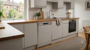 A slimline integrated dishwasher fitted seamlessly into a modern compact British kitchen.