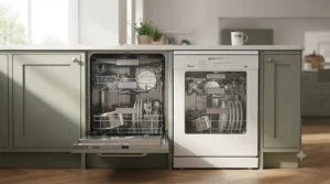 Side-by-side comparison of a built-in integrated dishwasher and a freestanding model.