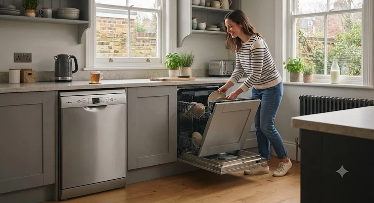 Side-by-side comparison of an integrated dishwasher fitted behind a matching kitchen cabinet door and a freestanding stainless steel dishwasher in a modern British kitchen. integrated vs freestanding dishwasher