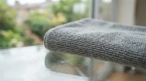 Detailed macro shot showing the dense, woven texture of a grey lint-free cloth specifically designed for glass surfaces.