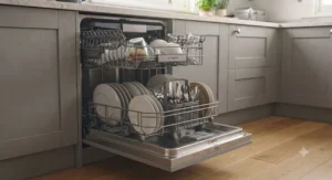 Cutlery basket and adjustable upper basket fully loaded with dinner plates inside a standard-sized dishwasher.