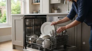 A person loading everyday crockery, cutlery, and pans into the bottom basket of a fully integrated kitchen dishwasher.