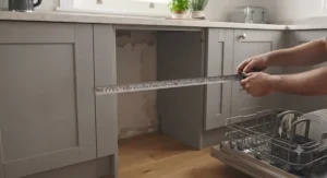 Measuring tape checking the width of a standard 60cm kitchen gap to determine dishwasher size suitability.