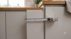 Tape measure showing a 45cm width gap between kitchen base units.
