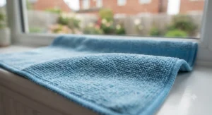 Close-up of premium microfibre cloth texture designed for glass and mirror cleaning.