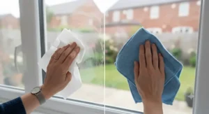 Comparison showing a microfibre cloth for windows providing a better finish than paper towels.