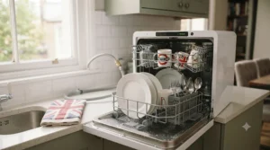 A mini portable dishwasher featuring a convenient integrated water tank being filled manually with a jug in a utility room.