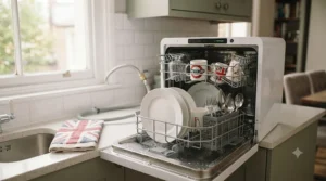 A mini portable dishwasher featuring a convenient integrated water tank being filled manually with a jug in a utility room.