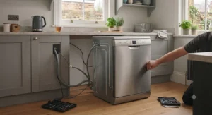 A freestanding dishwasher being pulled out from under a worktop to demonstrate easy removal and relocation.