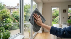 Close-up of a hand actively wiping a pristine window pane with a grey lint-free cloth, illustrating the streak-free cleaning process.