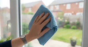 Person polishing a window pane with a blue microfibre cloth for a professional streak-free result.