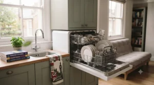 Infographic comparing dimensions and capacities of top portable dishwashers available on the UK market.
