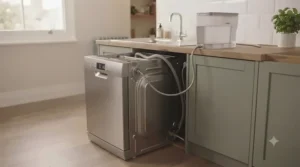 A portable mini dishwasher with a built-in water tank sitting on a kitchen worktop.