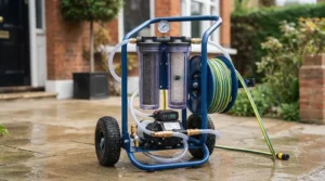 Portable pure water purification system trolley for professional window cleaning.