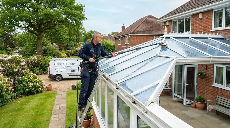 A professional conservatory roof cleaner using a telescopic pole to remove moss and debris from a glass roof in a British garden. conservatory roof cleaner