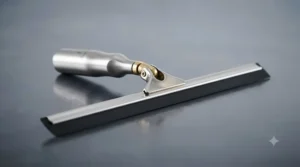 Close-up of a professional squeegee with a precision-engineered rubber blade.