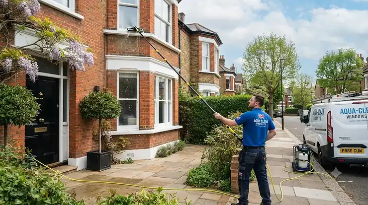 Professional window cleaner using a telescopic water fed pole system on a residential property. water fed pole system