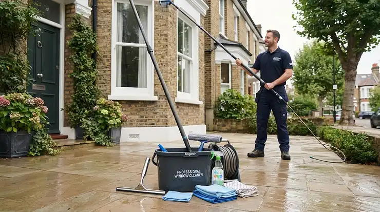 Complete professional window cleaning kit with squeegees and telescopic pole. professional window cleaning kit