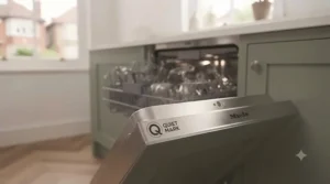 The Quiet Mark certification symbol displayed on a low-noise kitchen dishwasher.